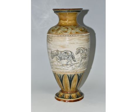 A DOULTON LAMBETH HANNAH BARLOW BALUSTER VASE / LAMP BASE WITH EXTENSIVE DAMAGE, the flared neck with green glazed interior, 