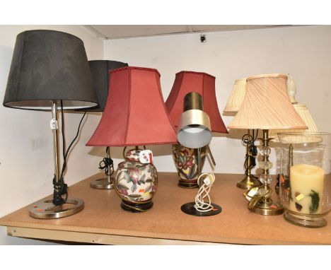 A GROUP OF TABLE LAMPS, to include two ceramic bodied table lamps painted with flowers, a pair of IKEA lamps in a chrome fini