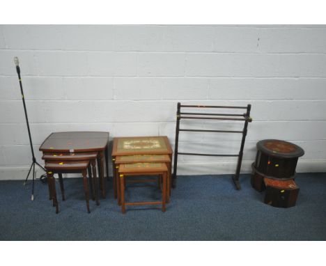 A SELECTION OF OCCASIONAL FURNITURE, to include a mahogany nest of three tables, a tile top nest of three tables, a standard 