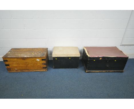 THREE VARIOUS CHESTS, to include a scumbled pine tool chest, width 87cm x depth 45cm x height 40cm, a black painted tool ches