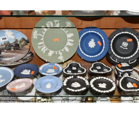 A COLLECTION OF WEDGWOOD JASPERWARE, comprising twelve black Jasperware trinket dishes and one trinket box, a blue Jasperware