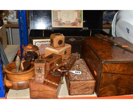 A GROUP OF TREEN, to include a burr wood veneered writing slope, with gilt escutcheon, cartouche (with monogram) and banding,