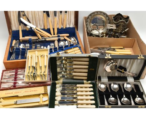 A CANTEEN AND WHITE METAL WARE, wooden canteen complete with Atlas Staybrite cutlery, a box of loose cutlery, a silver plate 