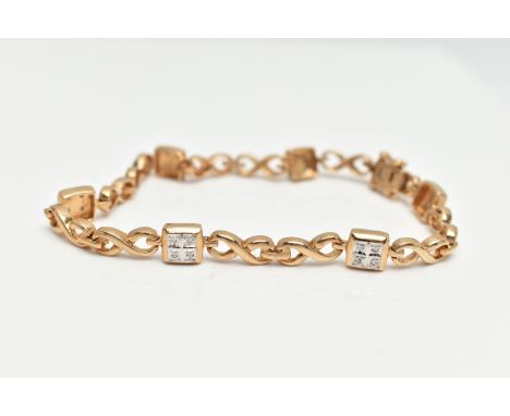 A 9CT GOLD DIAMOND LINE BRACELET, designed as a series of six square links each set with four small single cut diamonds, each