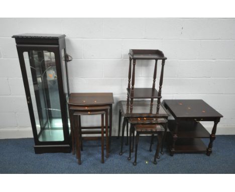 A SELECTION OF MAHOGANY OCCASIONAL FURNITURE, to include a slim display cabinet, with a mirrored back, width 42cm x depth 32c