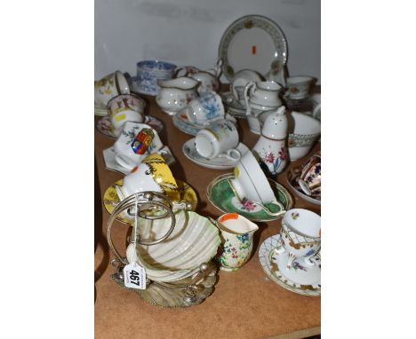 A GROUP OF TEA WARES, to include a Belleek sugar bowl or preserve dish on a plated stand, teacups and saucers including Royal