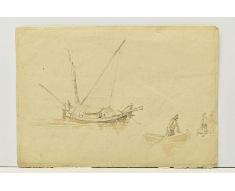 CIRCLE OF GEORGE CHINNERY (1774-1852) A STUDY OF BOATS ON THE WATER, together with a sketch of figures on camelback and writi