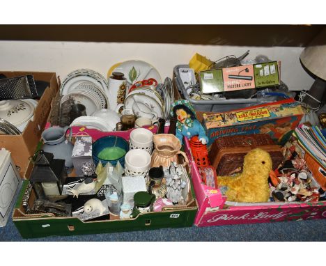 FIVE BOXES AND LOOSE SUNDRY ITEMS ETC, to include boxed Island Porcelain seal pup and arctic tern, Cherished Teddies, novelty