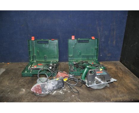 FOUR BOSCH 240V VOLT POWER TOOLS comprising of a PSB 750-2RPE hammer drill in case, a PST 850 PE jigsaw in case, a PKS 46 cir
