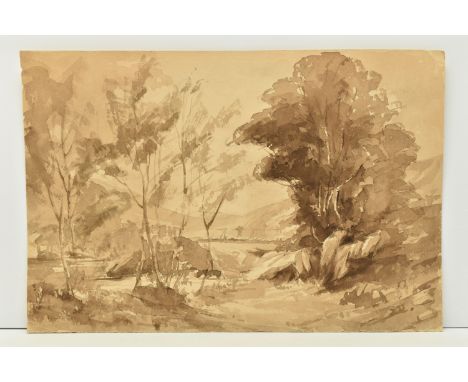 CIRCLE OF HENRY COURTNEY SELOUS (1811-1890) A LANDSCAPE SKETCH, a river landscape with a figure crossing a bridge, unsigned i