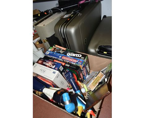 THREE BOXES AND LOOSE SUITCASES, GAMES AND SUNDRY ITEMS, to include two hard plastic suitcases, height 65cm x width 45cm x de