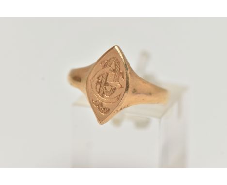 A LATE VICTORIAN 22CT GOLD SIGNET RING, of a marquise form, engraved monogram, leading onto a polished band, hallmarked 22ct 