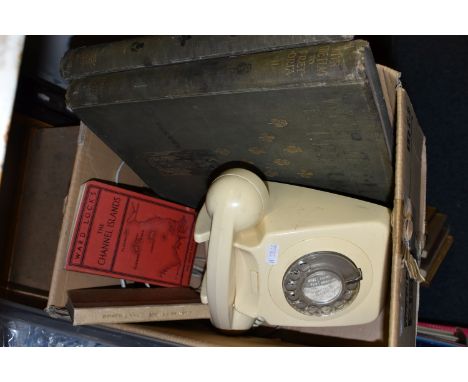 A VINTAGE ROTARY DIAL TELEPHONE, stencil numbers to the base 8746 DFM 84/2 with British Telecom sticker, together with four b