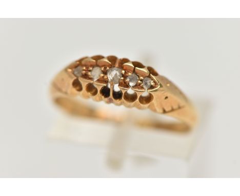 AN EARLY 20TH CENTURY 18CT GOLD DIAMOND BOAT RING, set with a row of five rose cut diamonds, to a plain polished band, partia