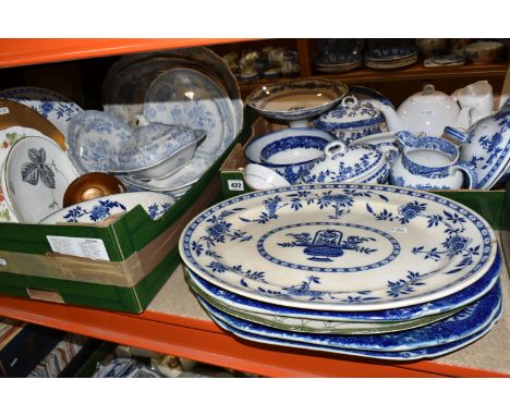 TWO BOXES AND LOOSE CERAMICS, to include a collection of blue and white dinner wares including Minton Delft, Wedgwood Ferrara