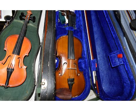 THREE CASED VIOLINS, to include a 1/8 sized violin with bow, having three piece back and Russian label to interior (a few sma