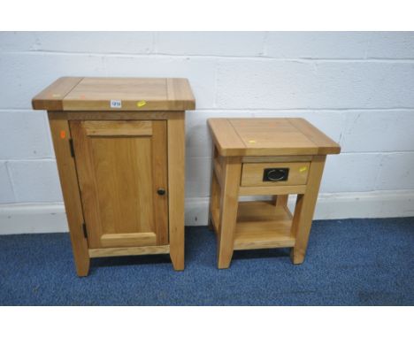 A MODERN SOLID OAK CABINET, with a single door, width 51cm x depth 64cm x height 76cm, along with a lamp table with a single 