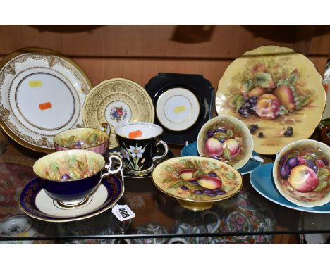 A GROUP OF AYNSLEY ORCHARD GOLD DESIGN TEAWARE, comprising a small pedestal cake stand,  printed D.Jones signature, a cobalt 