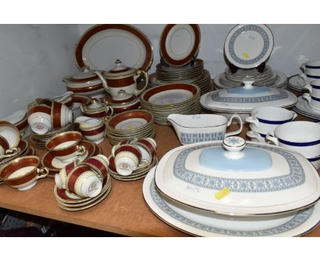 A GROUP OF VARIOUS DINNER WARES, to include burgundy and gilt banded Mascot China/Acme Japan dinner wares, including a tureen