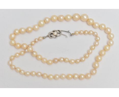 A SINGLE STRAND OF CULTURED PEARLS, individually knotted, graduated pearls, measuring approximately 5.5mm to 9.7mm, fitted wi