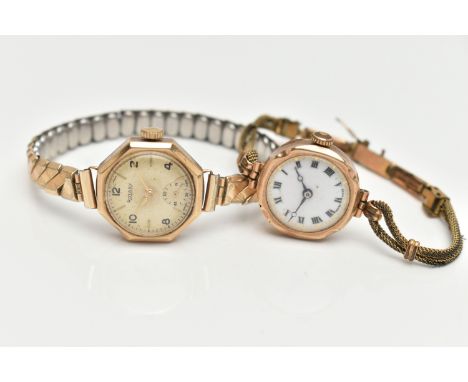 TWO 9CT GOLD LADYS WRISTWATCHES, the first a manual wind 'Rotary', round discoloured dial, alternating Arabic numerals and ba