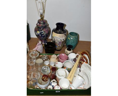 A BOX AND LOOSE CERAMICS, GLASS WARES AND SUNDRY ITEMS, to include a Coalport Age of Elegance 'Summer Breeze' figurine, a cer