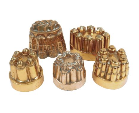 Five Victorian copper jelly moulds, two by Benham and Froud, one of which has a retailer's mark 'BARRON & WILSON 436 STRAND' 