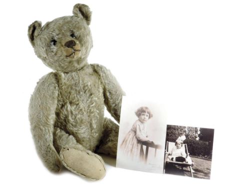 A Steiff mohair teddy bear, with a pewter button to his left ear, with articulated head and limbs, the humped back with growl