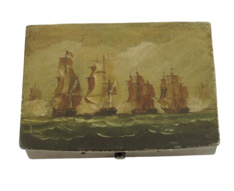 A 19th century papier-mache rectangular snuff box, the hinged lid painted with tall ships in battle, 13.8cm wide. Provenance: