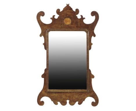 A burr walnut fret-frame wall mirror in George I style by Elsie Robinson, the rectangular plate within a moulded slip and the