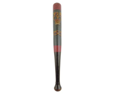 A Victorian truncheon, painted with two red bands on a blue ground, decorated with 'V R' and a crown, 43cm long.