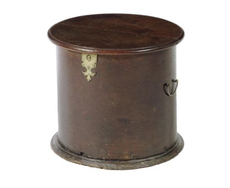 An early 18th century close stool, of cylindrical shape, with a brass button clasp and side carrying handles, 36.9cm high, 41