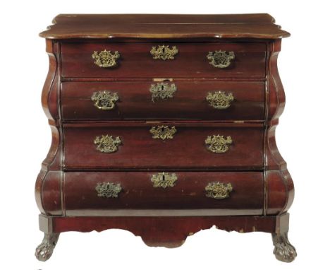 A 19th century Dutch mahogany bombe commode, with a serpentine edge top above four long graduated drawers on claw and ball fr