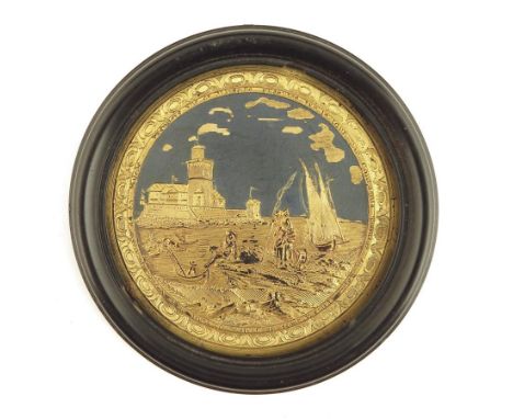 A rare Louis XVI gilt impressed tortoiseshell and polychrome decorated medallion by Compigné, depicting a view of Marseilles 