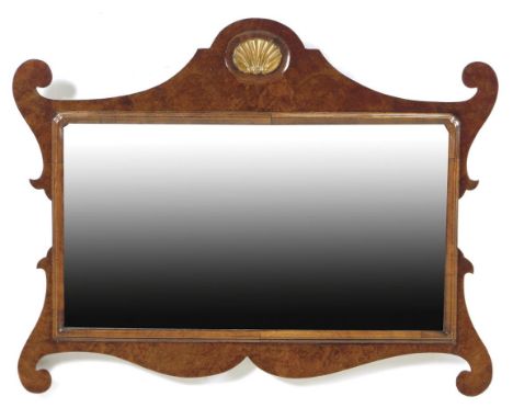 A burr walnut fret-frame wall mirror in George I style by Elsie Robinson, the rectangular plate within a moulded slip and the