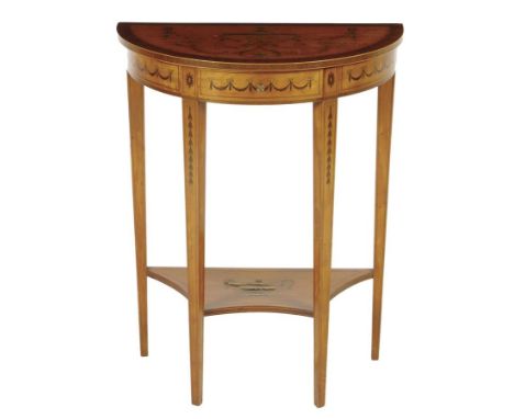 An late Victorian satinwood and marquetry console table in Sheraton revival style by Edwards & Roberts, inlaid with urns, hus