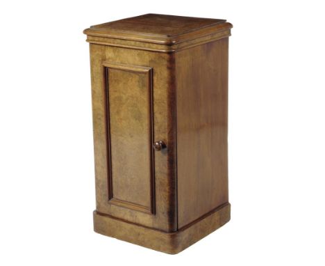 A Victorian burr walnut bedside cupboard, with a panelled door enclosing a shelf, 74.5cm high, 38.4cm wide, 37cm deep.