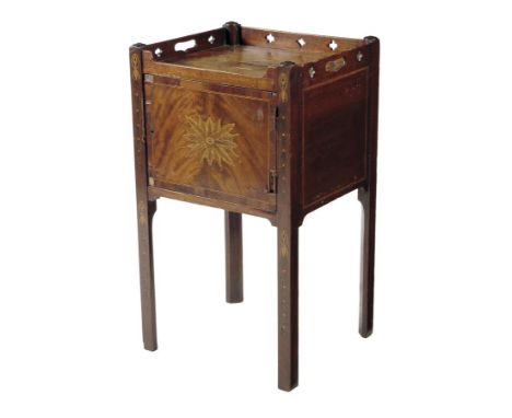 A George III mahogany and marquetry tray-top bedside commode, the galleried top pierced with two handgrips and quatrefoils, t