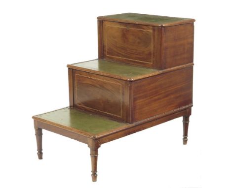A George III mahogany bed side step commode, inlaid with stringing and with later gilt tooled green leather treads, with a hi