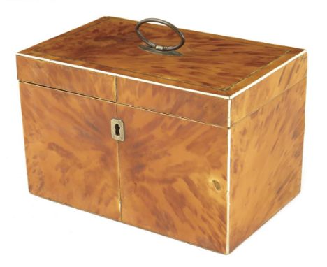 λ George III blonde tortoiseshell tea caddy, inlaid with pewter and ivory stringing, with a navette shape handle, the interio