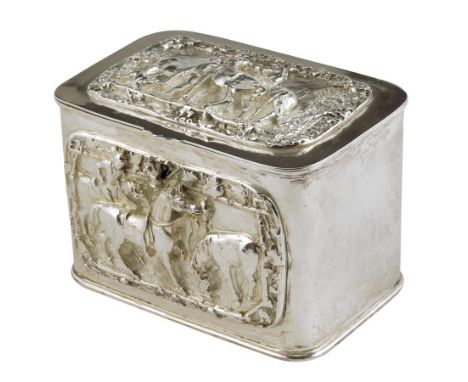 Equestrian interest. A Victorian electroplated tea caddy, cast with panels of racehorses with figures within naturalistic bor