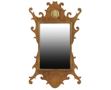 A burr walnut fret-frame wall mirror in George I style by Elsie Robinson, the rectangular plate within a moulded slip and the