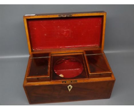 19th century mahogany tea caddy with inlaid banding throughout, fitted centrally with two boxed storage compartments with ope