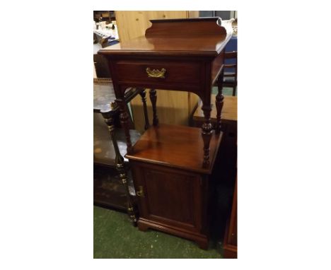 19th century mahogany cupboard fitted with single drawer, Gillows of Lancaster stamp, open shelf, on four turned supports, pa