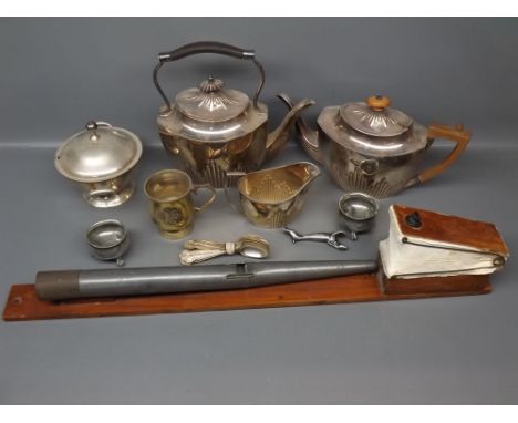 Box: silver plated half-fluted teapot with treen handle and finial, with matching cream jug, and a further kettle with ebonis