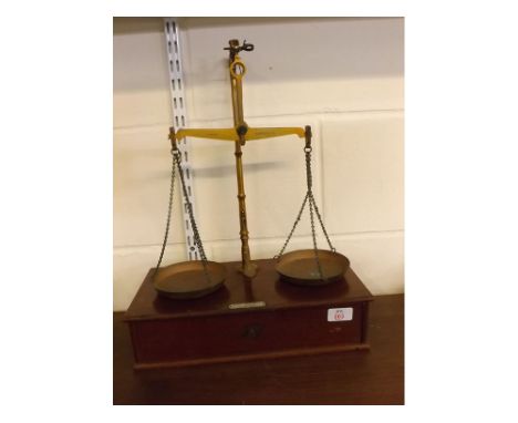 Pair of De Grave & Short & Co Ltd postal scales on a mahogany base with single full width drawer, 14 1/2 wide x 19 ins tall 
