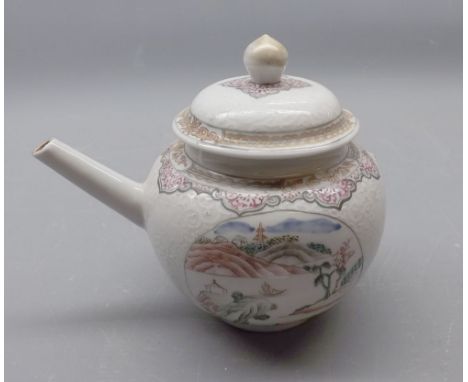 18th century Chinese export teapot, painted in colours with panels of Chinese river scenes, on a scroll moulded ground (handl