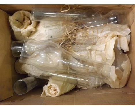 Two boxes: quantity of oil lamp spares to include clear glass fonts and a further smaller green glass example and clear glass