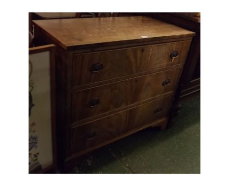 19th century mahogany chest with three full width drawers, on bracket feet, swan neck handles, pressed lion head detailing, 3