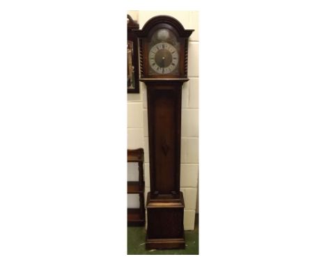 20th century oak framed small grandmother's clock with brass dial, silver Arabic chapter ring, barley twist columns and centr